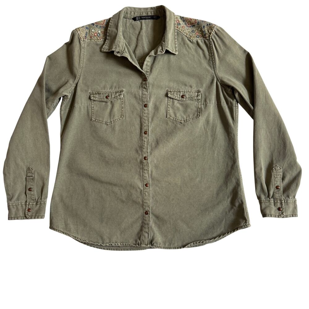 Zara Frafulac Embroidery Aztec Western Embellished Snap Front Shirt EUC XL Army
